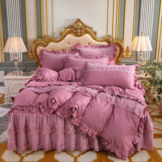 Falda de Cama Doble Capa de Algodón con Encaje - Juego de 4 Piezas - Image 10