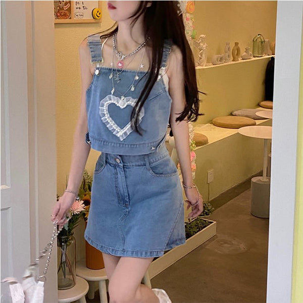 Conjunto Dos Piezas: Top Denim Fruncido y Falda A-línea Cintura Alta - Image 5