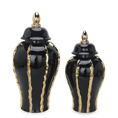 Jarrón Decorativo Templo en Cerámica con Patrón Oro Negro - Image 5
