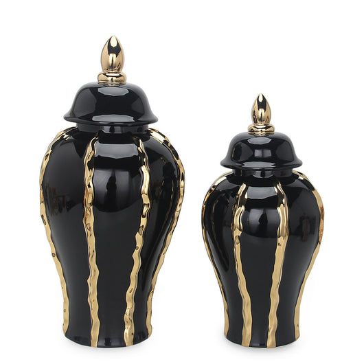 Jarrón Decorativo Templo en Cerámica con Patrón Oro Negro - Image 5