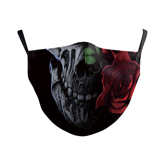 Dark green dust mask with a pattern of white skulls, blue flowers, and pink butterflies, featuring black ear loops. - Image 7