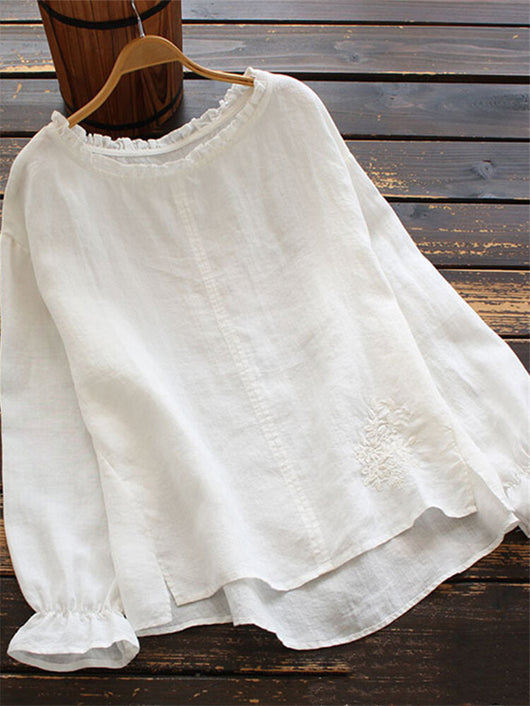 Blusa Suelta de Algodón y Lino con Cuello Bordado de Flor de Loto Japonesa - Image 11