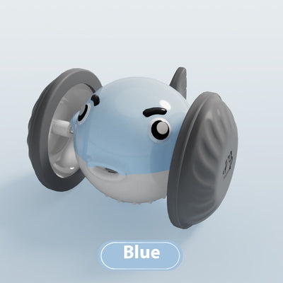 Yellow and white pet toy resembling a pufferfish with large gray wheels, designed for interactive play. - Image 6
