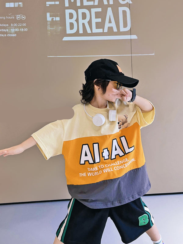 Playera Hip Hop Infantil Suelta con Estampado de Dibujos Animados y Contraste de Colores