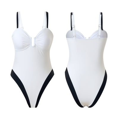 White one-piece women's swimsuit with black side panels and straps, featuring a ruched bust and U-shaped detail. - Image 6