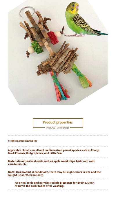 Two yellow-green parrots playing with a hanging bird bite toy made of natural wood slices, bark, and colorful shredded paper. - Image 6
