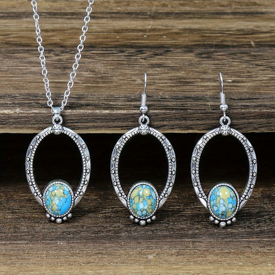 Vintage-style silver-tone necklace and dangle earrings set with oval frames and marbled blue and yellow stones. - Image 9