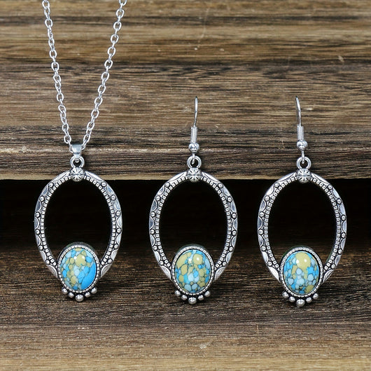 Vintage-style silver-tone necklace and dangle earrings set with oval frames and marbled blue and yellow stones. - Image 9