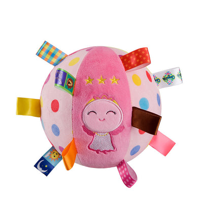Plush ball toy with a brown polka dot base, yellow monkey embroidery, and colorful fabric tags. - Image 18