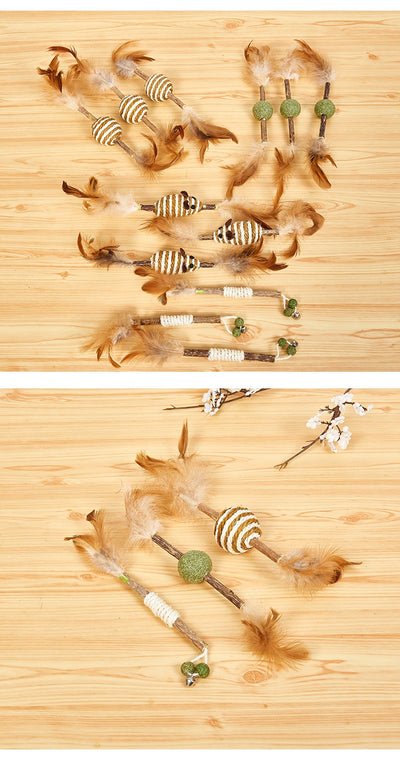 Feather and sisal cat toy with a wooden stick, green sisal ball, and brown feathers for molar cleaning. - Image 19
