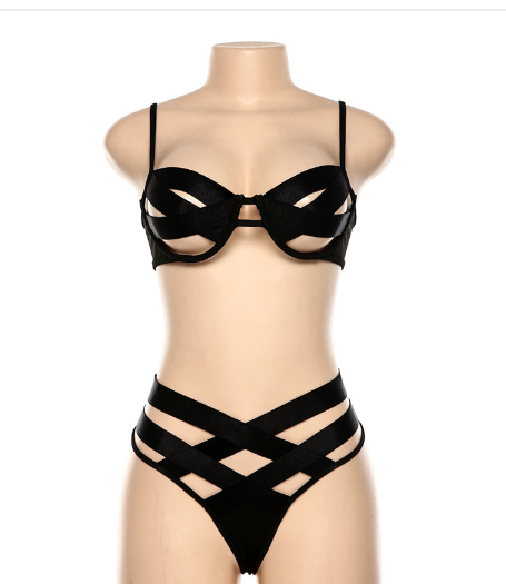Woman wearing a white two-piece bikini with a bralette top featuring sheer cut-outs and a high-cut thong bottom with multiple straps. - Image 10