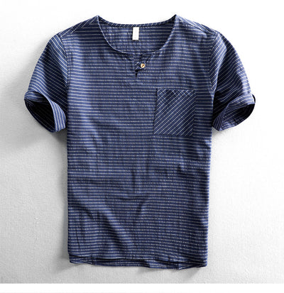 Camiseta Hombre Algodón Rayas Cuello Abierto Manga Corta Suelta Casual - Image 28