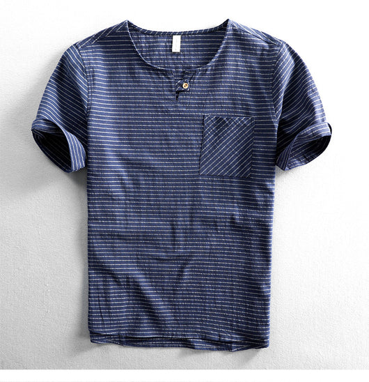 Camiseta Hombre Algodón Rayas Cuello Abierto Manga Corta Suelta Casual - Image 28