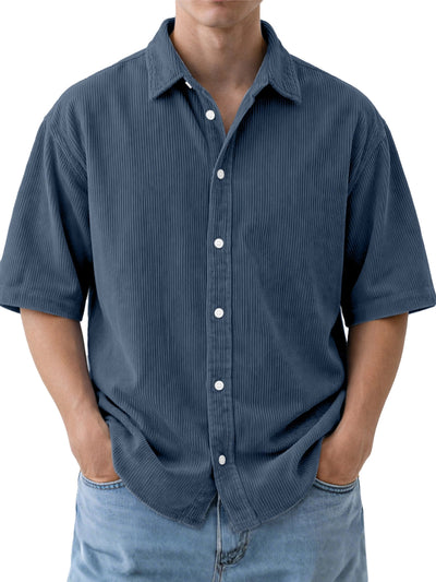 Camisa de Pana Suelta para Hombre - Manga Corta Color Sólido - Image 6
