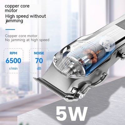 Silver electric hair clipper with LED display, six colorful guide combs, USB charging cable, cleaning brush, and oil. - Image 2