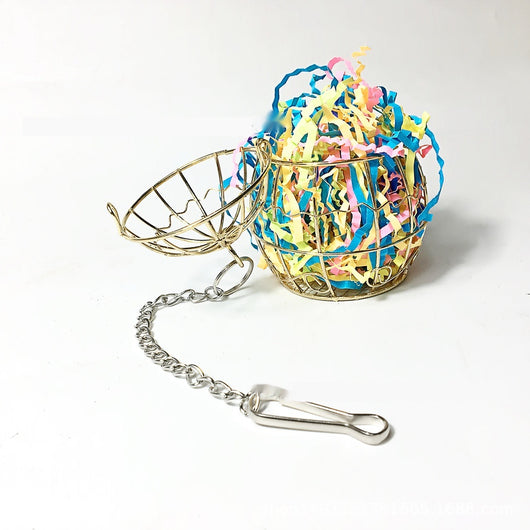Gold metal bird cage toy filled with millet sprays, designed for pet birds to forage and play. - Image 4