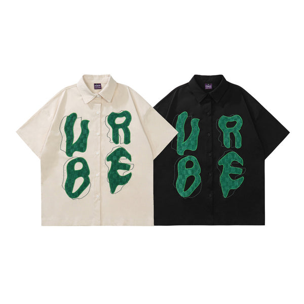 Camisa Casual Manga Corta con Parches Bordados de Letras Personalizadas