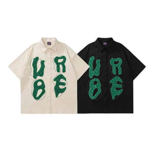 Camisa Casual Manga Corta con Parches Bordados de Letras Personalizadas