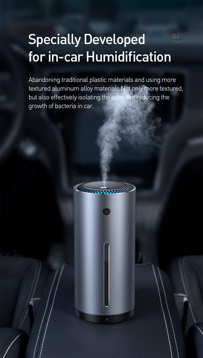 Dark gray cylindrical vehicle-mounted humidifier with a power button, mist outlet, and water level indicator. - Image 13