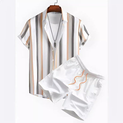 Conjunto de Camisa Hawaiana Hombre a Rayas Blanco y Negro - Image 3