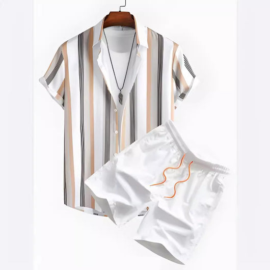 Conjunto de Camisa Hawaiana Hombre a Rayas Blanco y Negro - Image 3