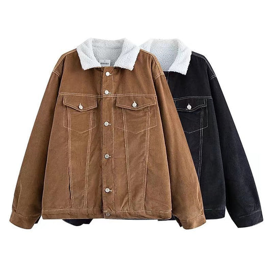 Chaqueta de Trabajo Acolchada Lana de Cordero Estilo Retro - Abrigo de Botones para Invierno