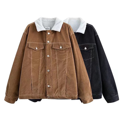 Chaqueta de Trabajo Acolchada Lana de Cordero Estilo Retro - Abrigo de Botones para Invierno