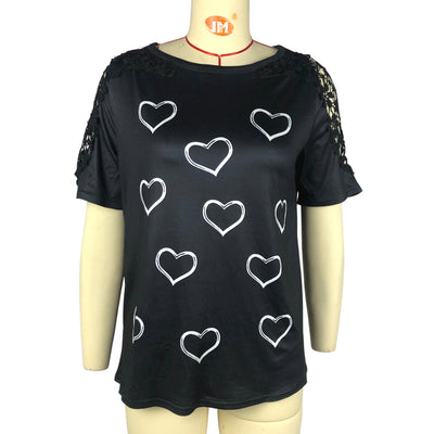 Blusa Suelta de Encaje Manga Corta Talla Grande con Estampado de Corazones - Image 9