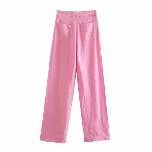Pantalón Lino Retro Cintura Alta Bolsillos Dobles Pierna Ancha - Image 8