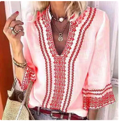 Blusa Estampada V-Escote Manga Trompeta Elegante para Oficina - Image 5