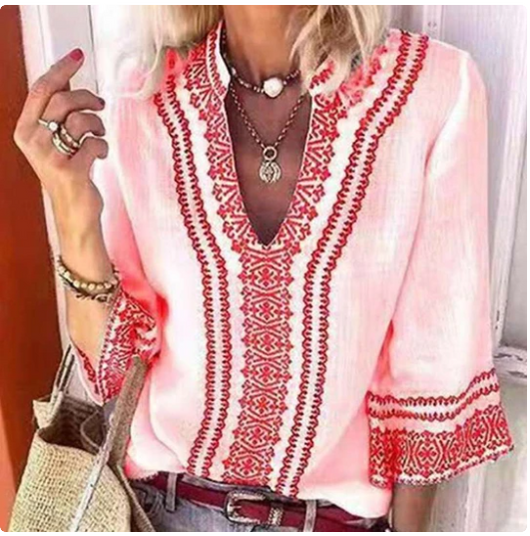 Blusa Estampada V-Escote Manga Trompeta Elegante para Oficina - Image 5