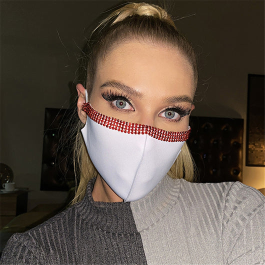 Woman wearing a black adjustable face mask with a shimmering silver rhinestone trim along the top edge. - Image 30