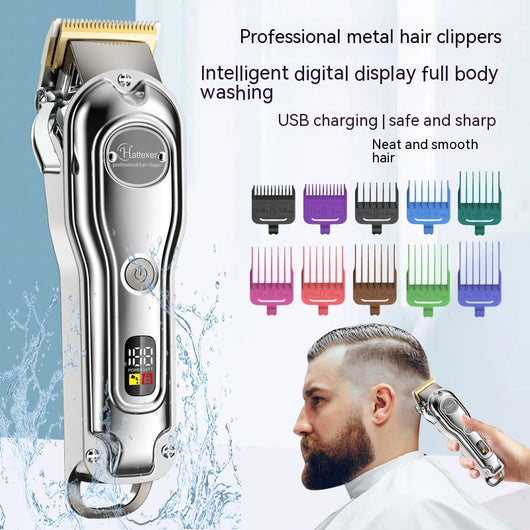 Hatteker professional electric hair clipper with gold blade, LED display, 10 colorful guide combs, USB cable, comb, and cleaning brush.