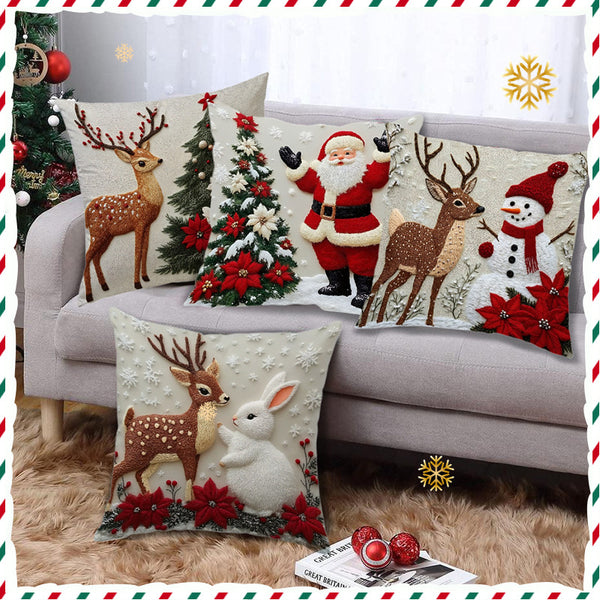 Funda de Cojín Navideño con Diseño de Alce y Conejo - Decoración Lino para Sofá
