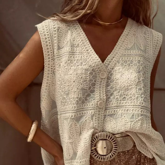 Chaleco Cardigan con Encaje Bordado y Hebilla - Top Versátil para Vacaciones - Image 4