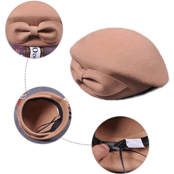 Boina de Lana Vintage con Lazo para Otoño e Invierno