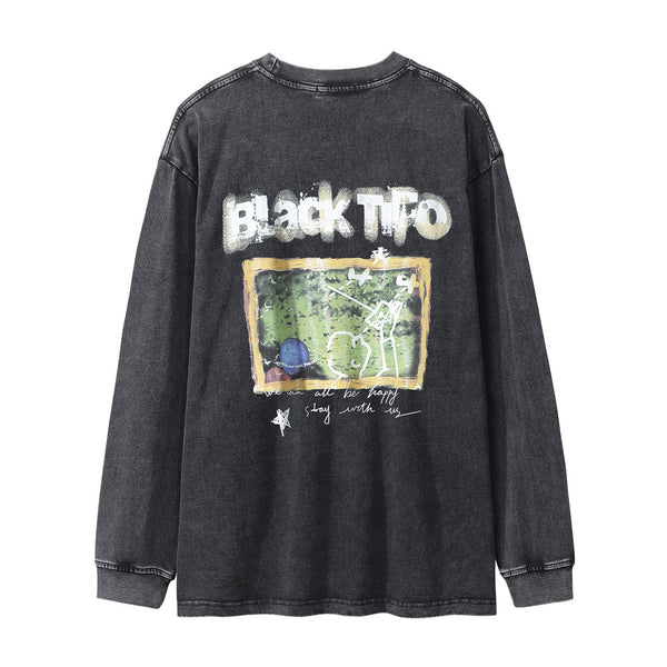 Camiseta Manga Larga Efecto Desgastado con Letras
