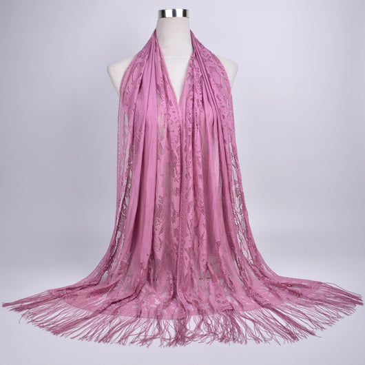 Pañuelo Hijab Encaje Calado Color Sólido con Borlas - Image 32