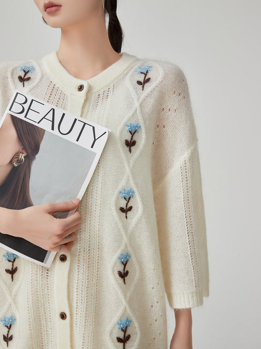 Cardigan Tejido Blanco con Bordado Floral y Mangas Cortas para Mujer - Image 2