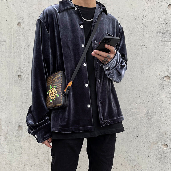 Camisa Abrigo Retro Dorado con Textura Velvet para Hombre