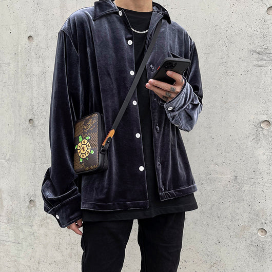 Camisa Abrigo Retro Dorado con Textura Velvet para Hombre