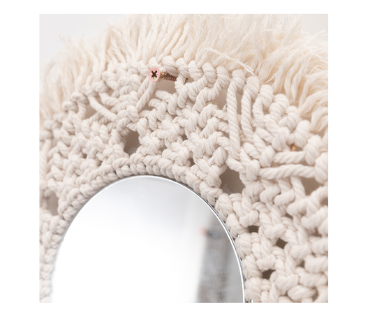 Circular mirror with a beige macrame fringe border, featuring intricate knotwork around the reflective surface. - Image 10