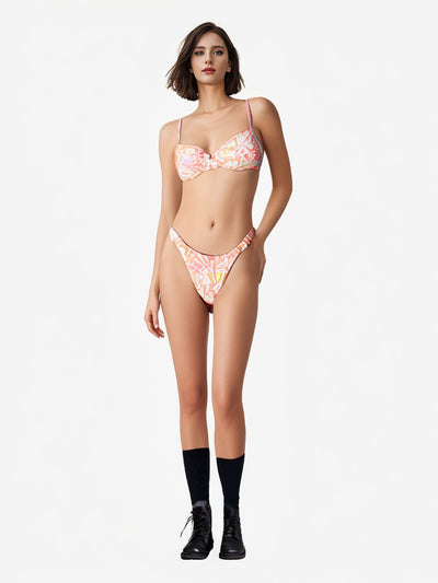 Women's split bikini swimsuit with a colorful abstract pattern, featuring a balconette top and high-cut bottom. - Image 13