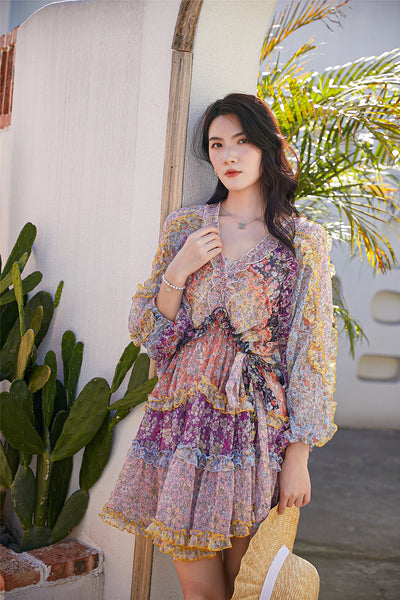 Vestido Largo Floral con Cintura Ajustada y Mangas Farol - Image 21