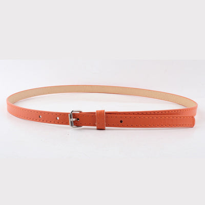 Thin brown imitation leather belt with a small silver D-shaped pin buckle, displayed on a white background. - Image 28