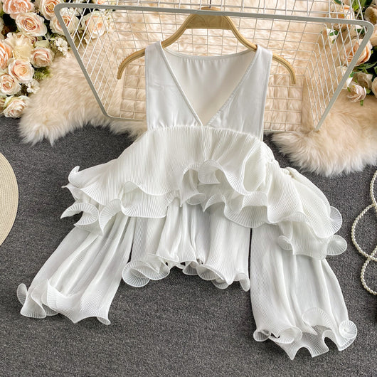 Blusa Fairy Hombros Descubiertos con Diseño Irregular y Pliegues en Gasa - Image 11