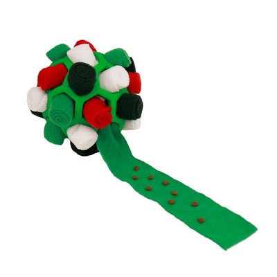 Red rubber pet sniff ball with pink, purple, and dark purple fleece rolls, featuring a treat-holding strap. - Image 4