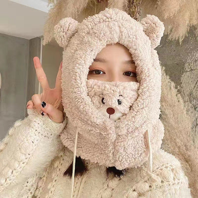 Gorro Oso Cálido con Bufanda Integrada, Máscara y Cordón Ajustable - Image 6