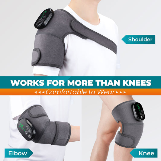 Black knee brace with red infrared lights and a digital control panel, providing heating and vibration massage therapy.
