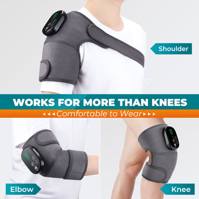 Black knee brace with red infrared lights and a digital control panel, providing heating and vibration massage therapy.